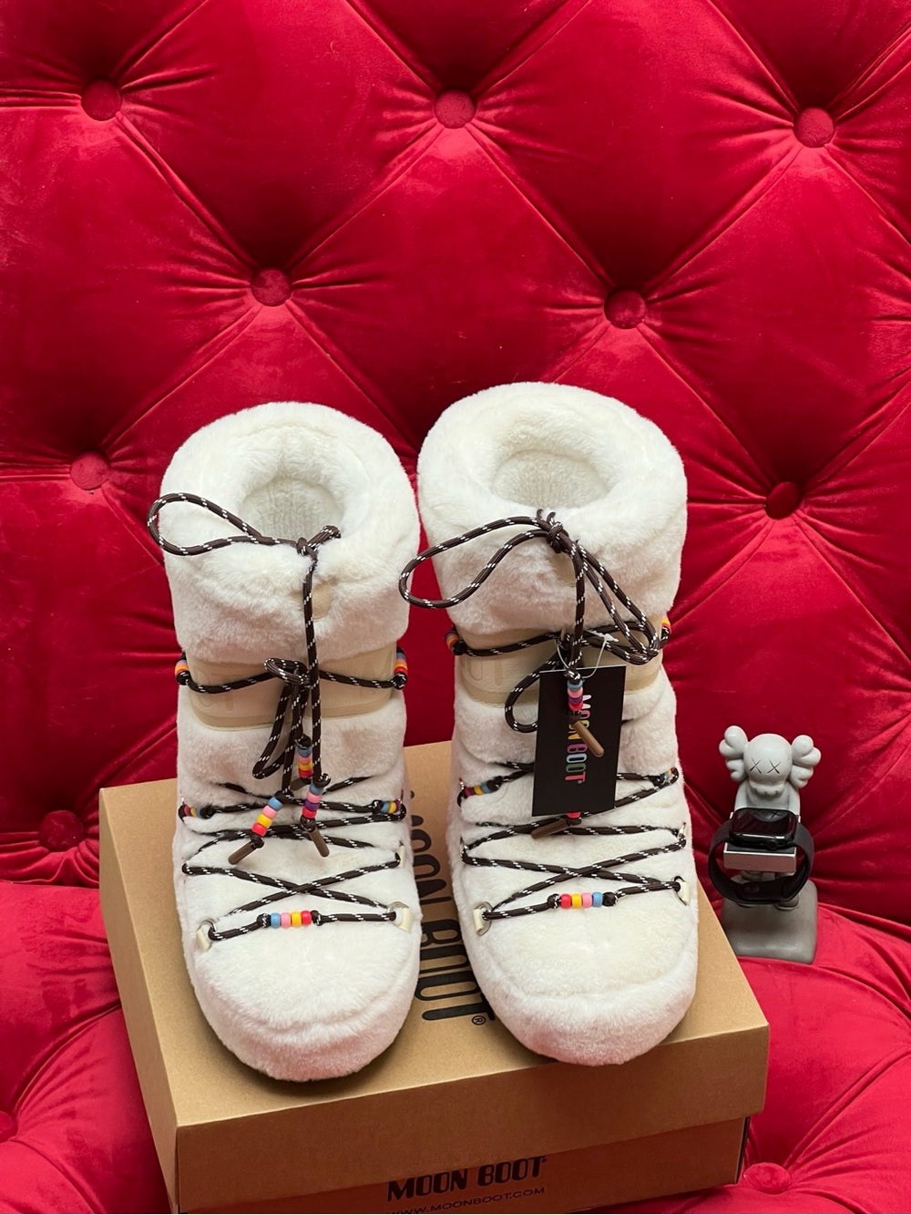 Cream Sherpa Lace-Up Winter Boots with Bead Accents